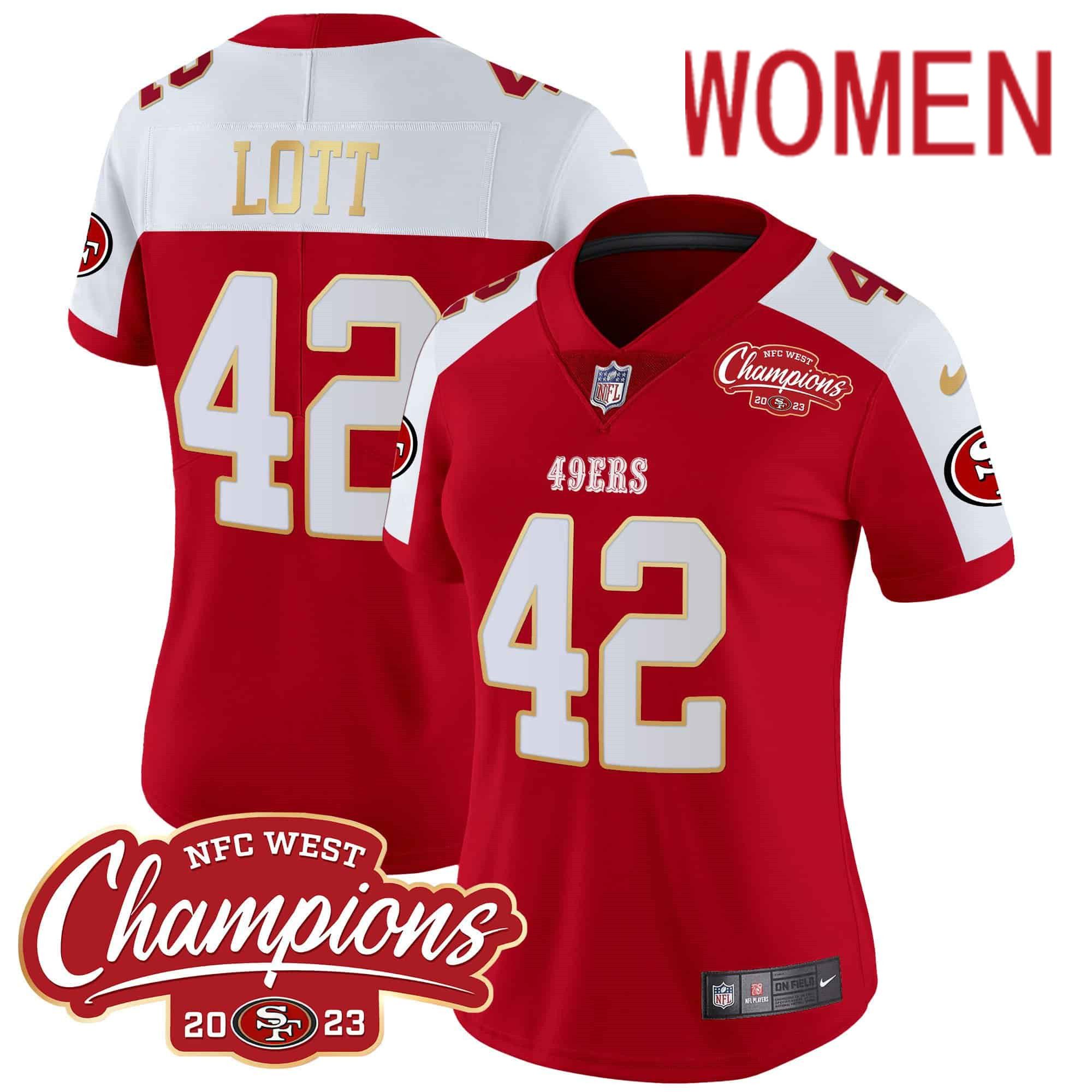 Women San Francisco 49ers 42 Lott Red 2024 Nike NFC West Champions Gold Trim Vapor NFL Jersey